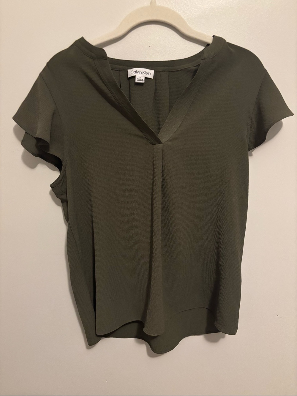 Calvin Klein Olive Green V-Neck Short Sleeve Blouse